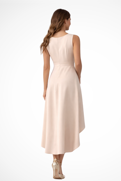 Women’s Sleeveless Wrap Style Midi Wedding Guest Dress with Asymmetric Hem