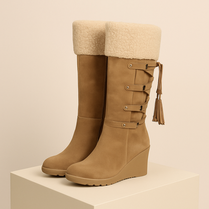 Elissa | Women's Knee-High Boots - Wedge Heel with Fold-Over Cuff and Tassel Tie