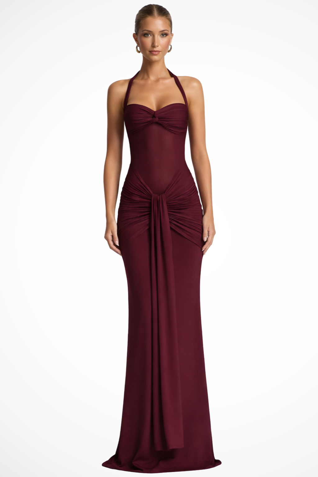 Women Halter Neck Ruched Wedding Guest Maxi Dress