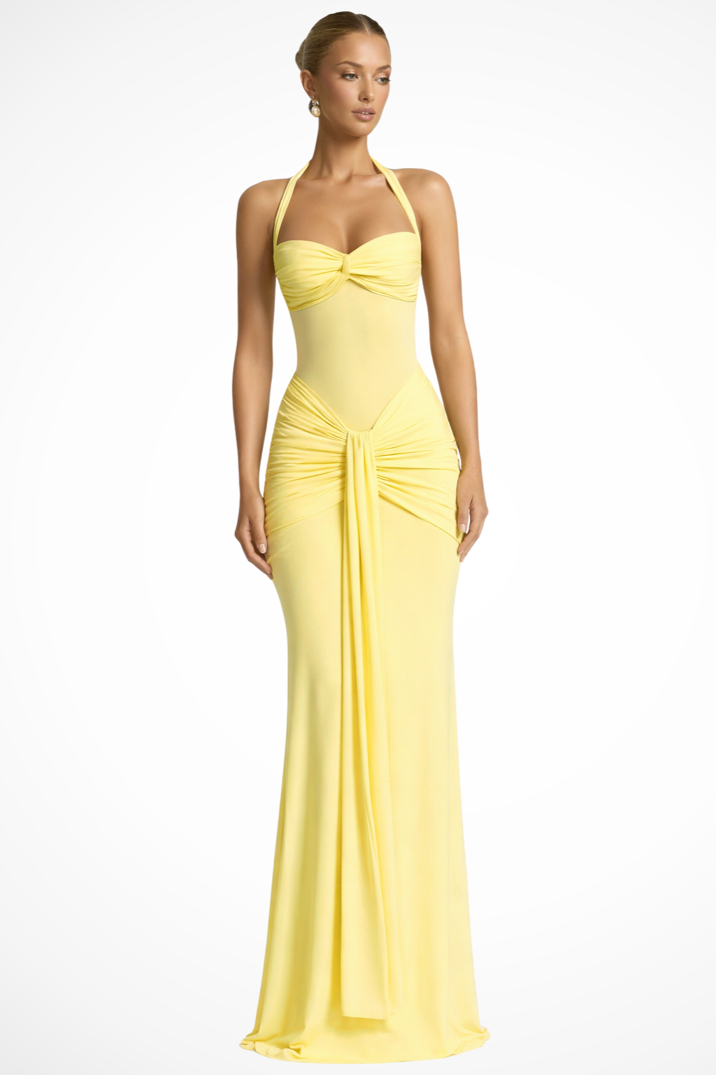 Women Halter Neck Ruched Wedding Guest Maxi Dress