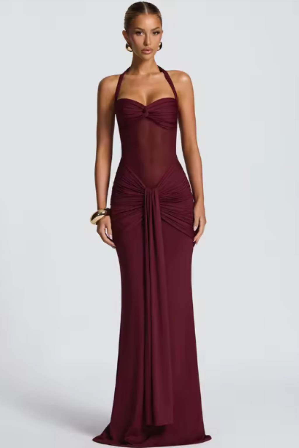 Women Halter Neck Ruched Wedding Guest Maxi Dress