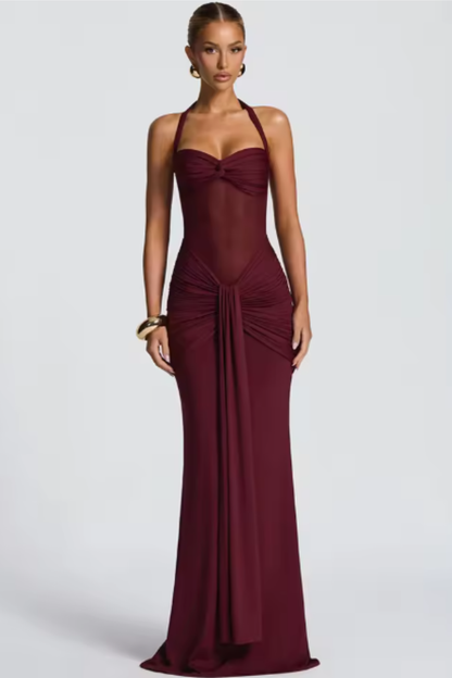 Women Halter Neck Ruched Wedding Guest Maxi Dress