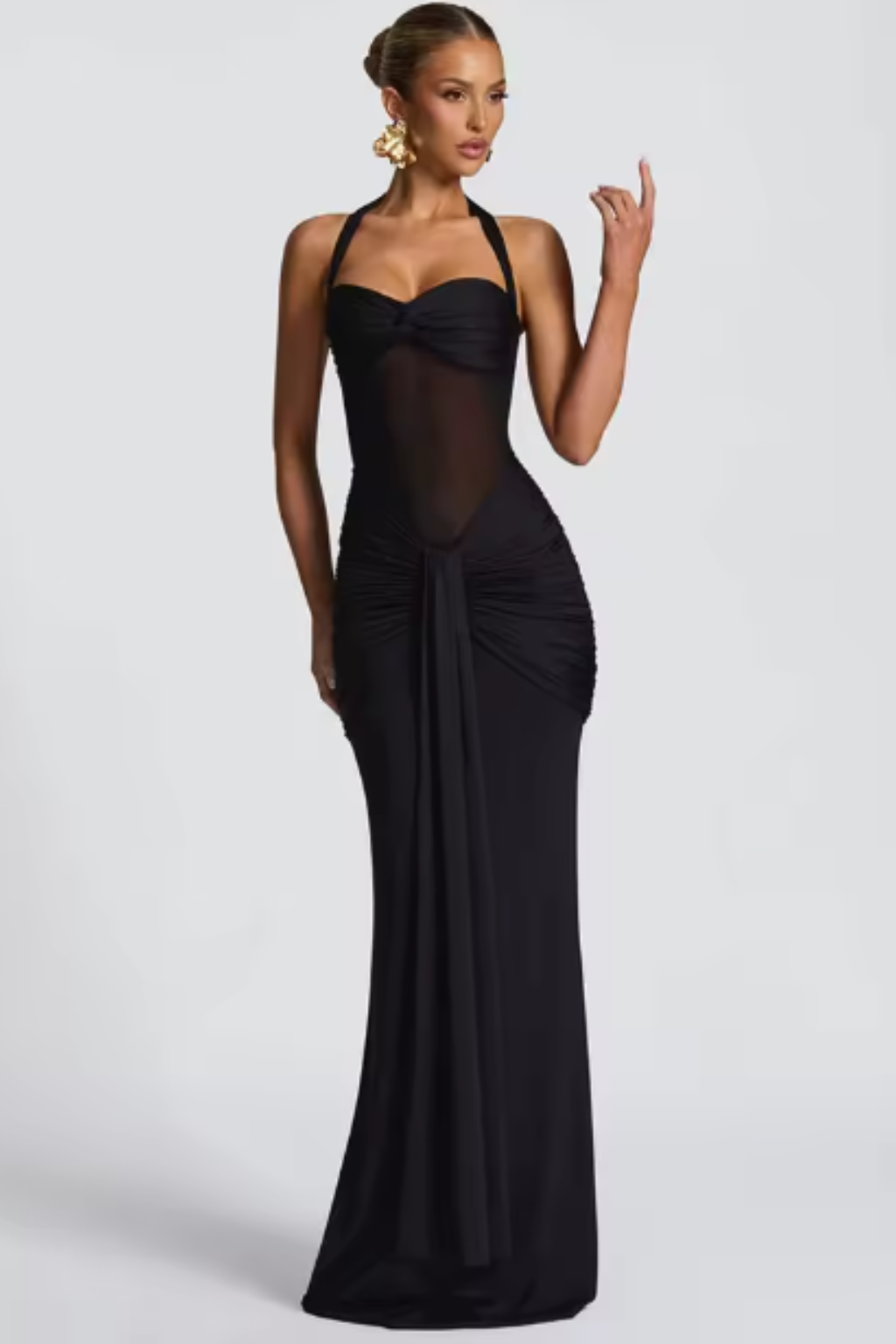 Women Halter Neck Ruched Wedding Guest Maxi Dress