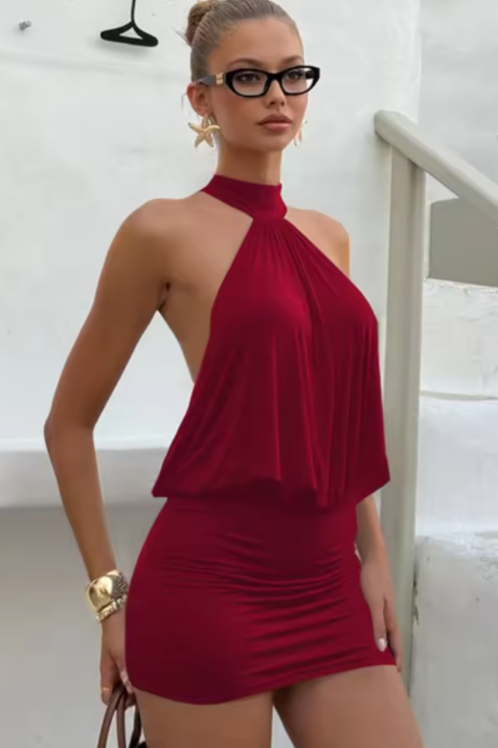Women Halter Neck Ruched Backless Mini Dress