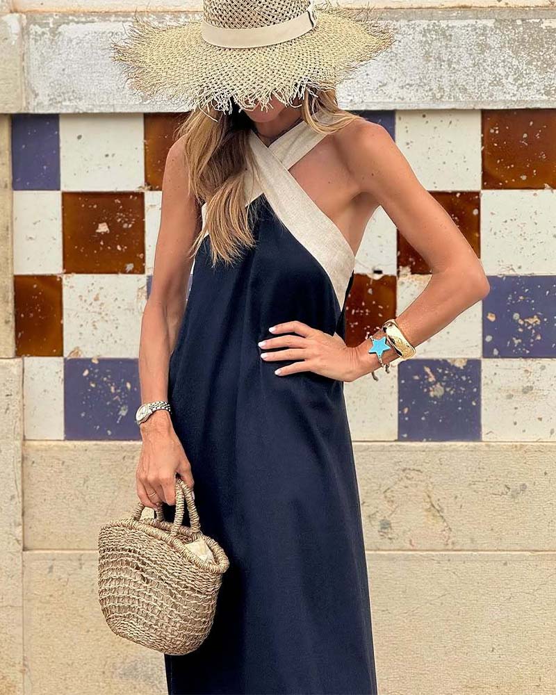 Women's Cross-Neck Halter Dress – A-Line, Lightweight, Casual Summer Style