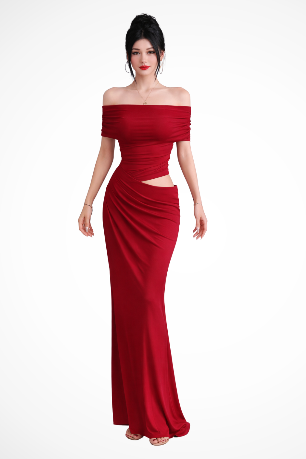 Women Ruched Off Shoulder Wedding Guest Maxi Dress with Cut Out Detail