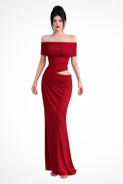 Women Ruched Off Shoulder Wedding Guest Maxi Dress with Cut Out Detail