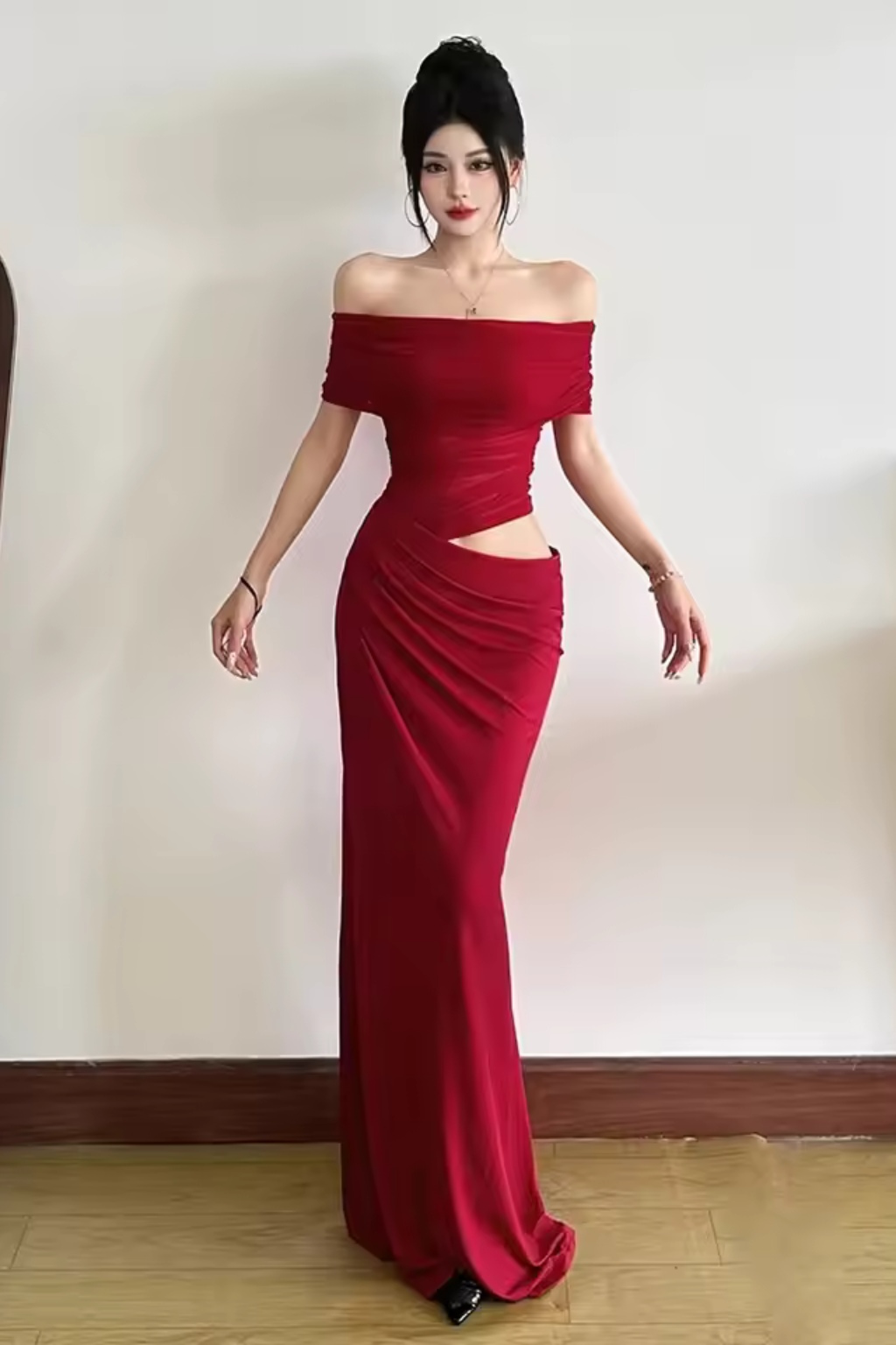 Women Ruched Off Shoulder Wedding Guest Maxi Dress with Cut Out Detail