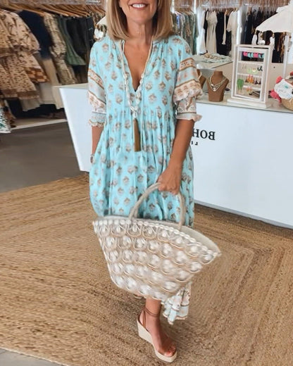 Women Printed V Neck Midi Dress