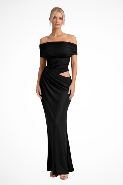 Women Ruched Off Shoulder Wedding Guest Maxi Dress with Cut Out Detail