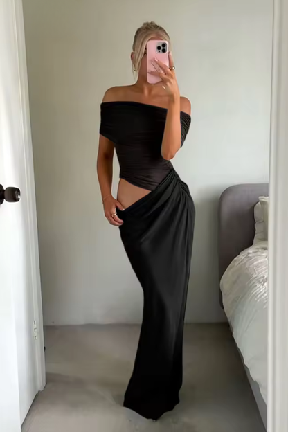 Women Ruched Off Shoulder Wedding Guest Maxi Dress with Cut Out Detail