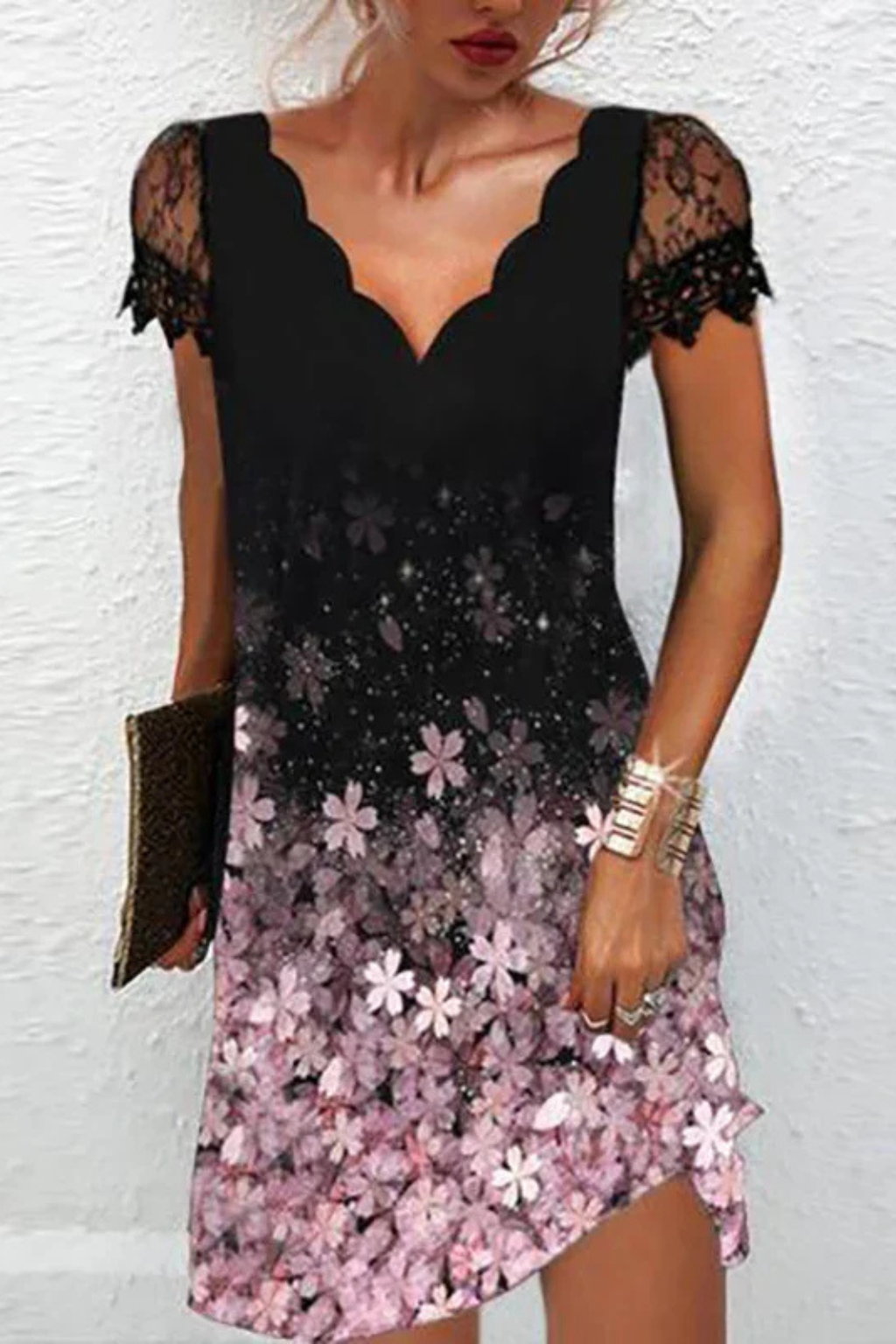 Women Lace Sleeve Midi Wedding Guest Dress