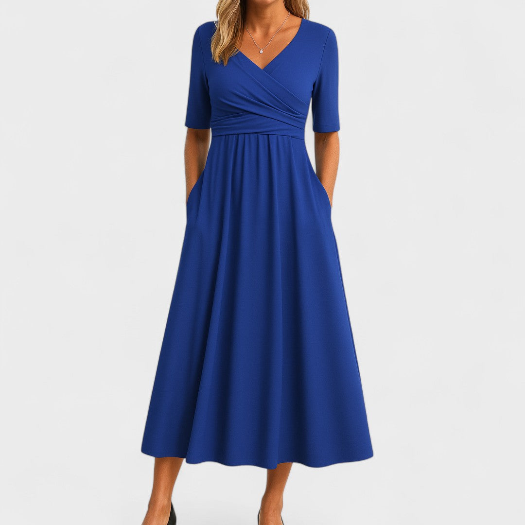 Women's Surplice V-Neck Midi Dress – Pleated Bodice, Elbow Sleeve, Elegant