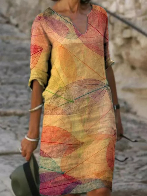 Women Printed V Neck Midi Dress