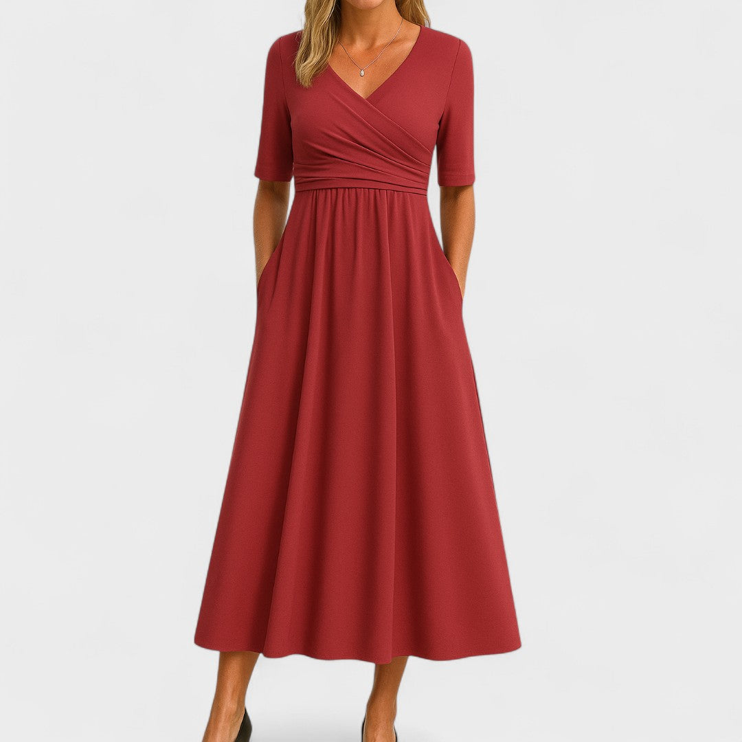 Women's Surplice V-Neck Midi Dress – Pleated Bodice, Elbow Sleeve, Elegant