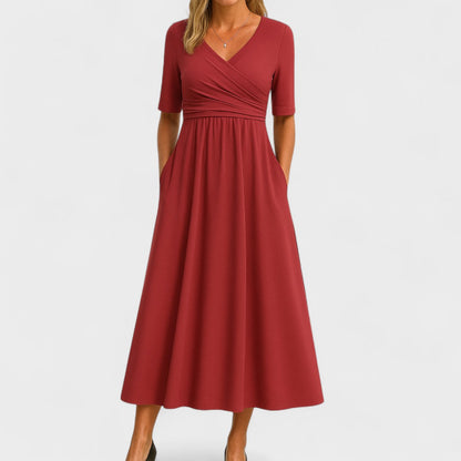 Women's Surplice V-Neck Midi Dress – Pleated Bodice, Elbow Sleeve, Elegant