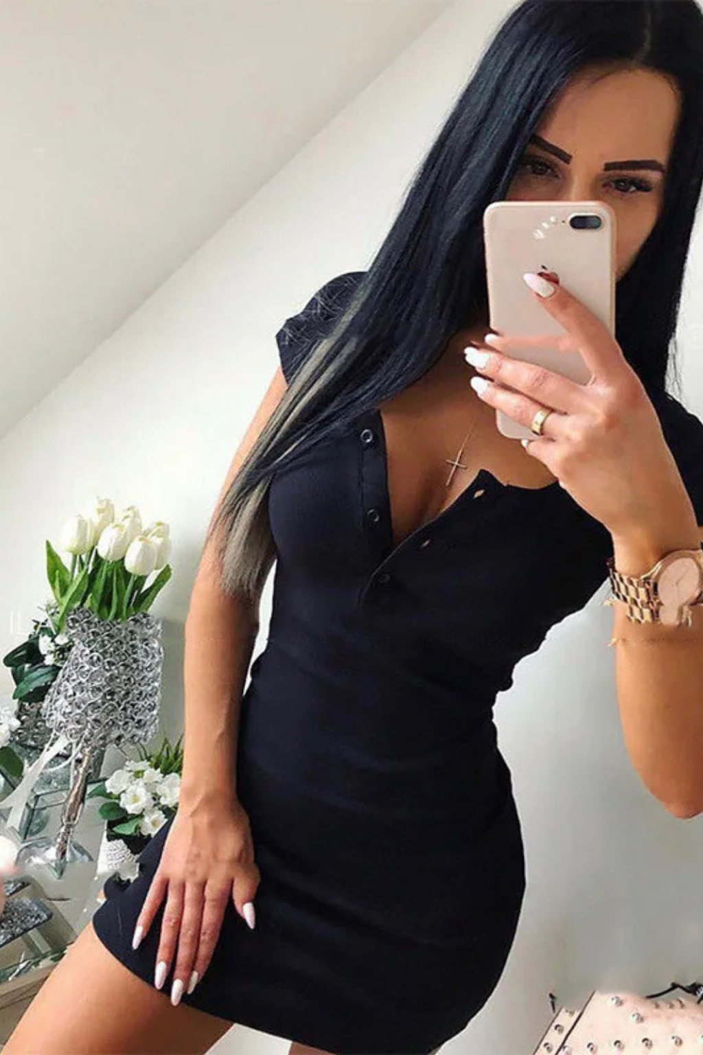 Women Ribbed Knit Bodycon Mini Dress with Button Detail
