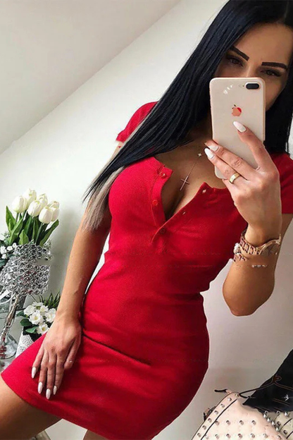 Women Ribbed Knit Bodycon Mini Dress with Button Detail
