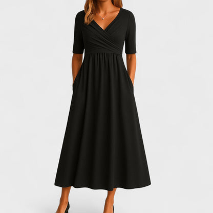 Women's Surplice V-Neck Midi Dress – Pleated Bodice, Elbow Sleeve, Elegant