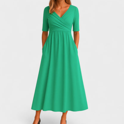 Women's Surplice V-Neck Midi Dress – Pleated Bodice, Elbow Sleeve, Elegant