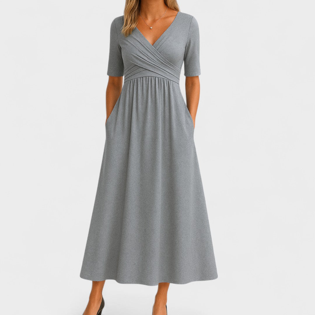 Women's Surplice V-Neck Midi Dress – Pleated Bodice, Elbow Sleeve, Elegant