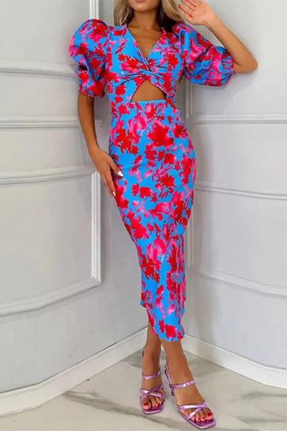 Women Printed Puff Sleeve Occasion Summer Midi Dress