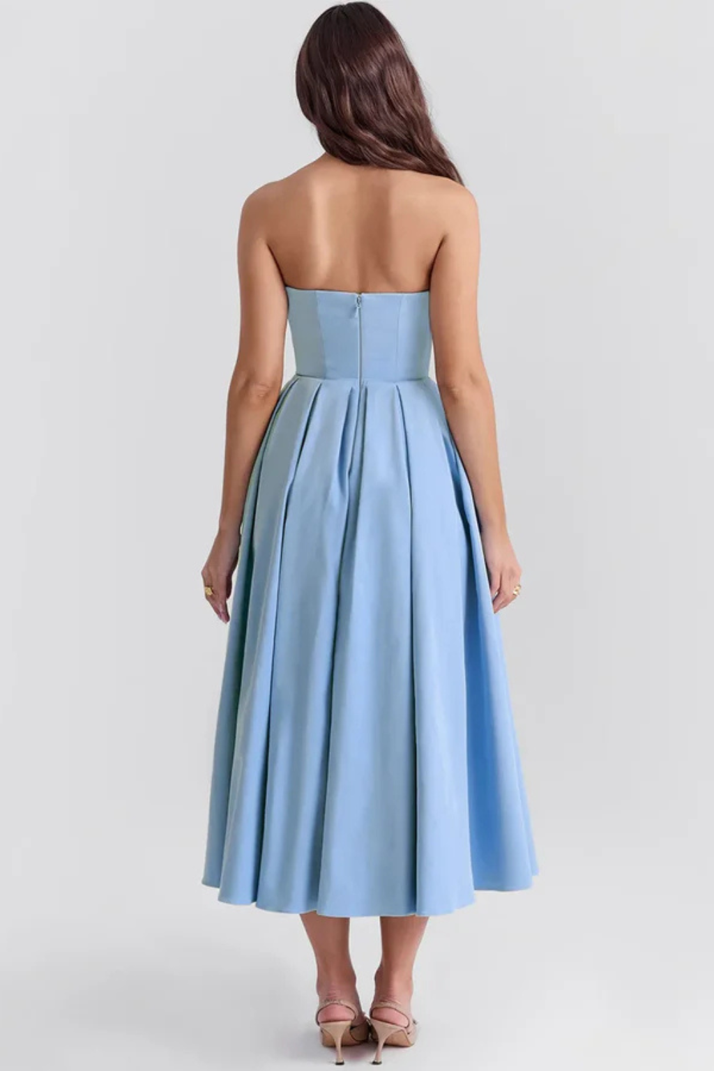 Women Strapless Corset Midi Dress with Flared Skirt