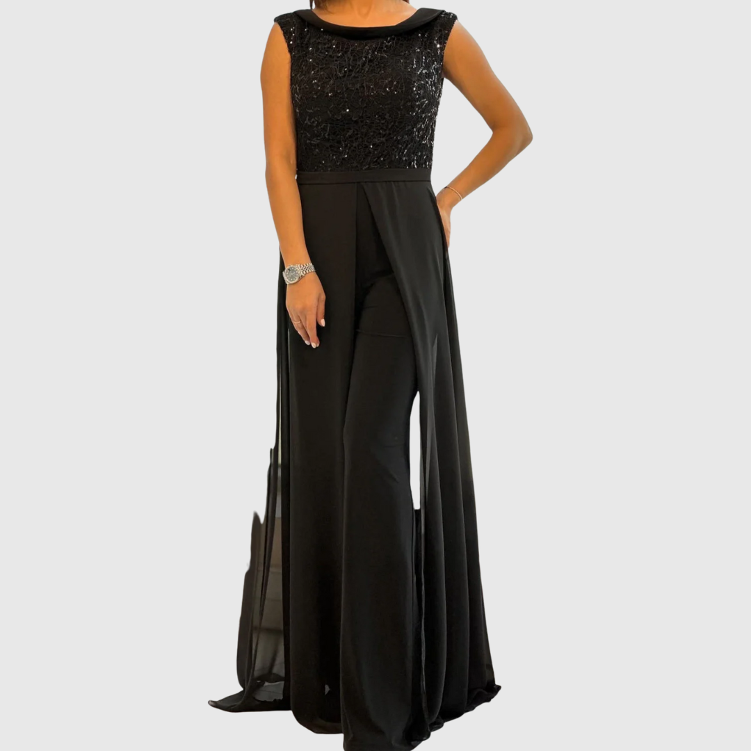 Women's Sleeveless Jumpsuit Dress – Wide Leg, Chiffon Overlay, Formal Style