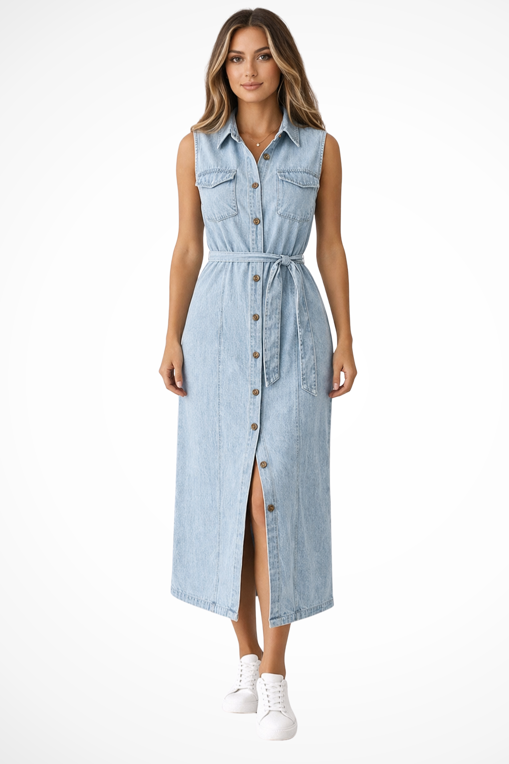 Women Sleeveless Belted Button Down Denim Maxi Dress with Split