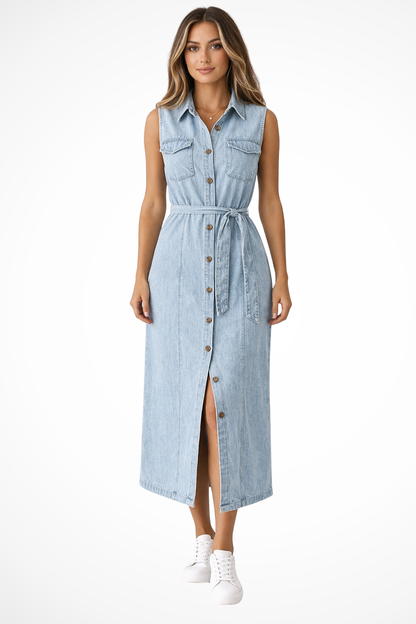 Women Sleeveless Belted Button Down Denim Maxi Dress with Split