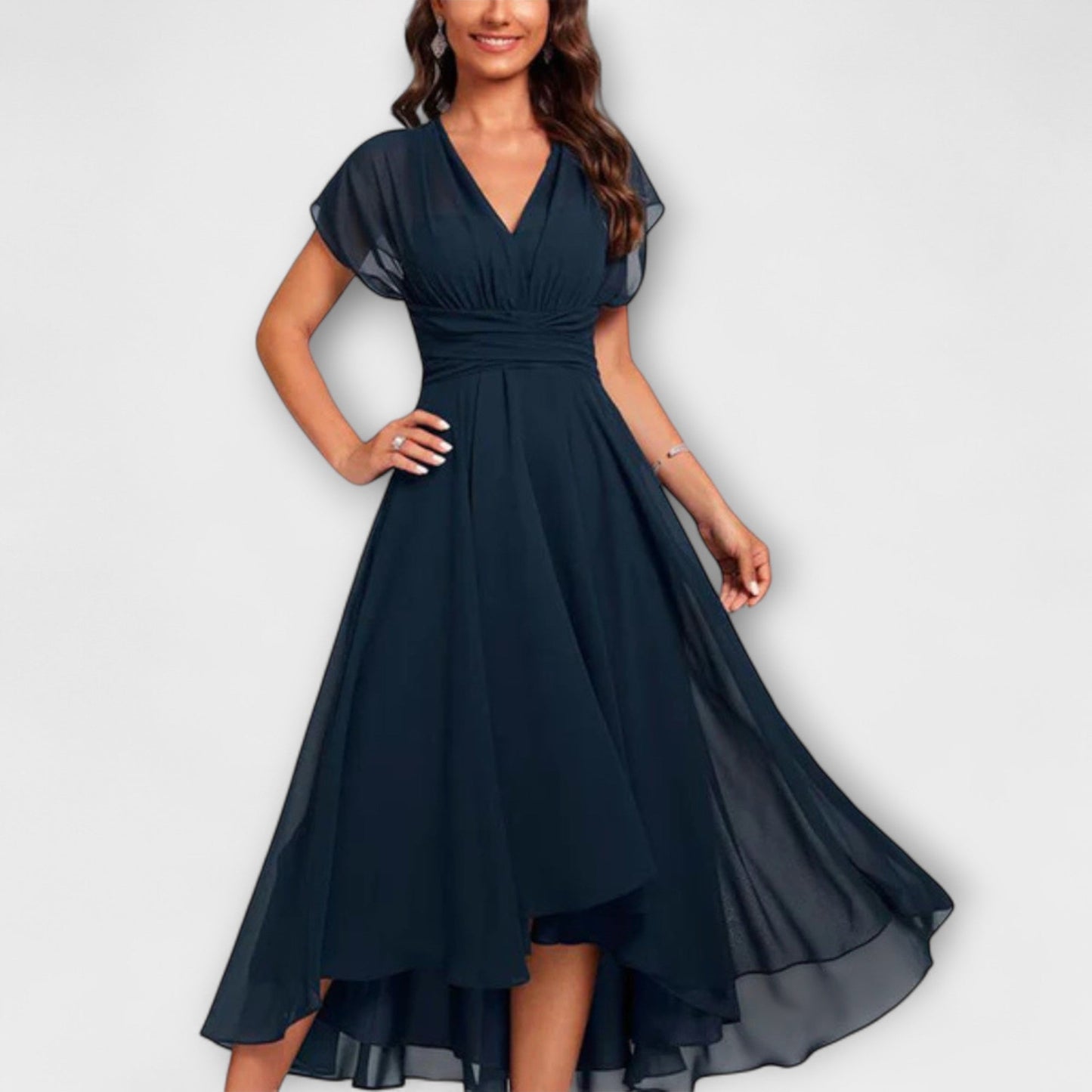 Women's Elegant Flowing A-Line Dress – V-Neck, Flutter Sleeve, Midi Length