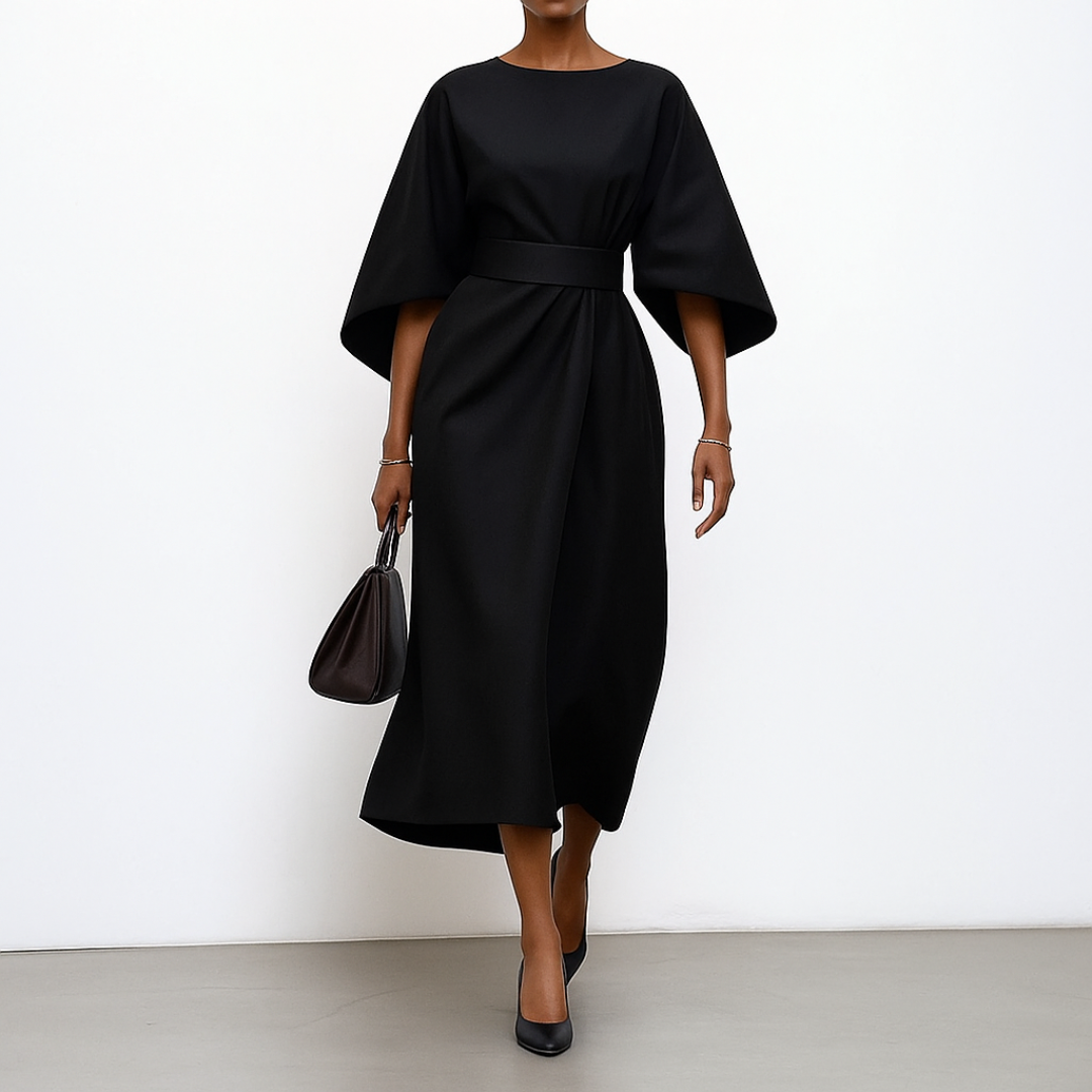 Women's Satin Batwing Sleeve Maxi Dress – Belted Waist, Elegant Formal Style