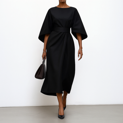 Women's Satin Batwing Sleeve Maxi Dress – Belted Waist, Elegant Formal Style