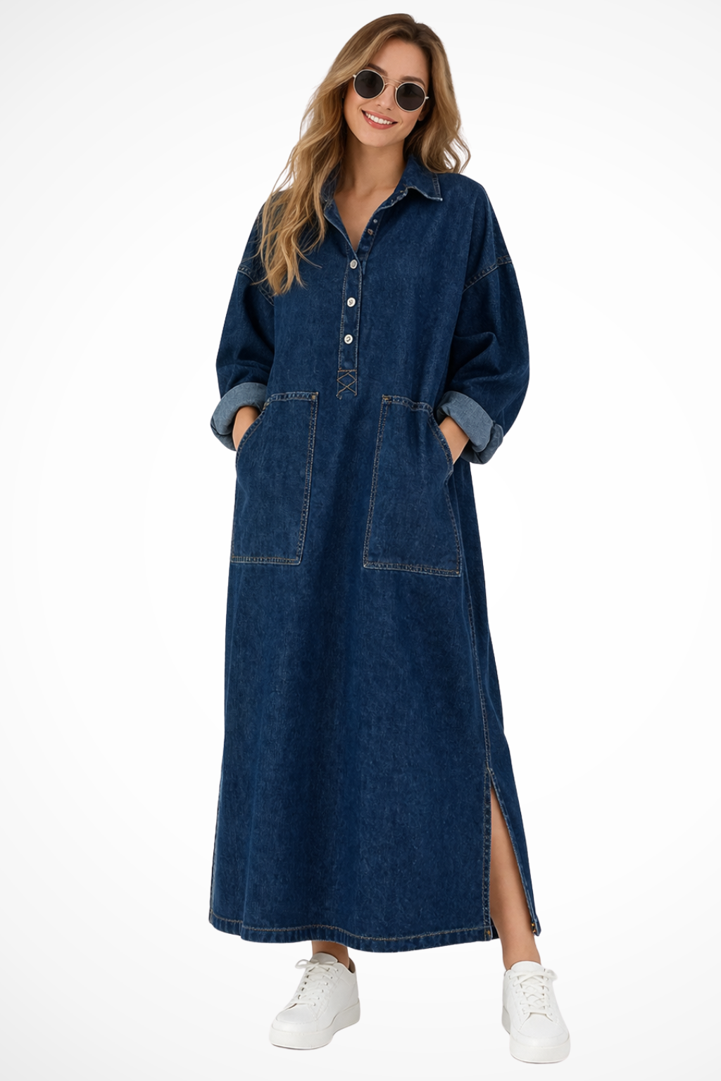 Women Oversized Long Sleeve Collared Denim Maxi Dress with Pockets
