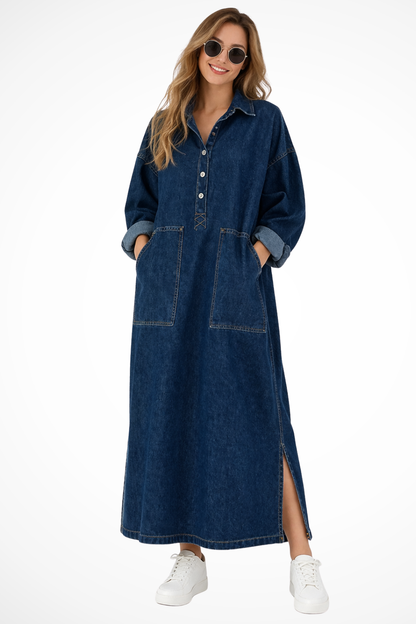 Women Oversized Long Sleeve Collared Denim Maxi Dress with Pockets