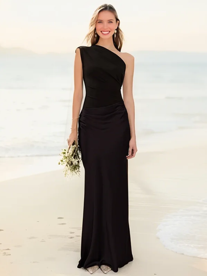 Women's One-Shoulder Satin Maxi Dress – Ruched Bodice, Elegant Formal Style