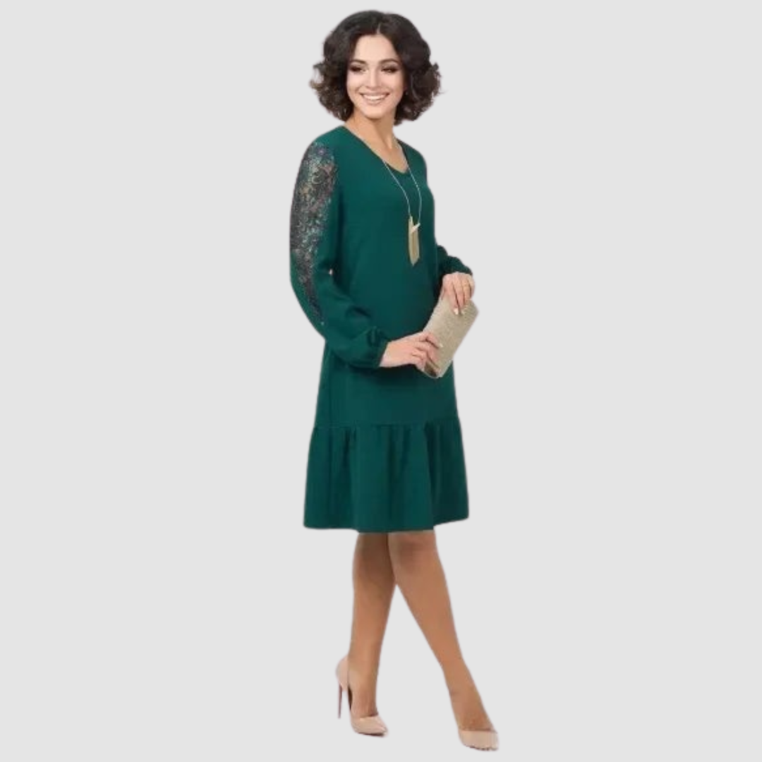 Women's Floral Lace Sleeve Midi Dress – Shift Style, Sheer Panel, Elegant