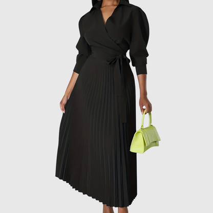 Women's Wrap Pleated Midi Dress – V-Neck, Tie Belt, Three-Quarter Sleeve