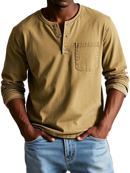 Men's Long Sleeve Shirt - Henley Neck and Chest Pocket