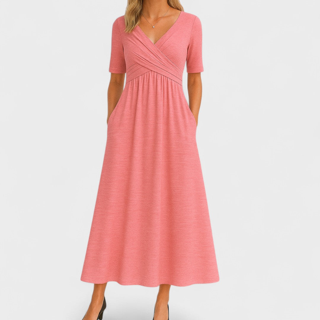 Women's Surplice V-Neck Midi Dress – Pleated Bodice, Elbow Sleeve, Elegant