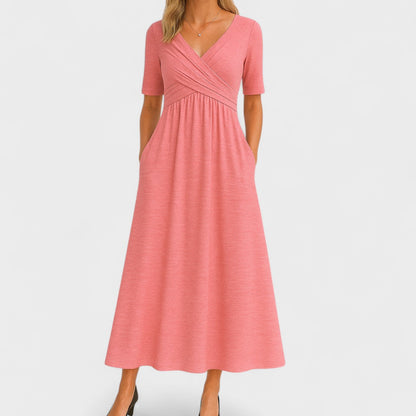 Women's Surplice V-Neck Midi Dress – Pleated Bodice, Elbow Sleeve, Elegant