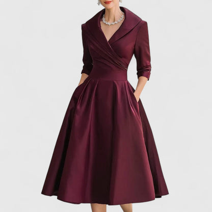 Women's V-Neck Wrap Bodice Midi Dress – 3/4 Sleeve, Flared Skirt, Elegant