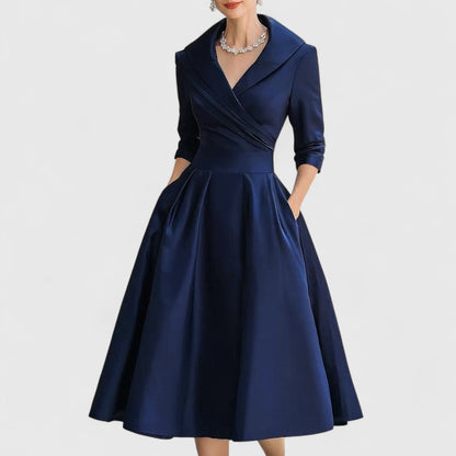 Women's V-Neck Wrap Bodice Midi Dress – 3/4 Sleeve, Flared Skirt, Elegant