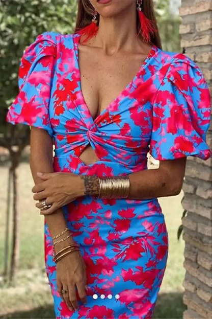 Women Printed Puff Sleeve Occasion Summer Midi Dress