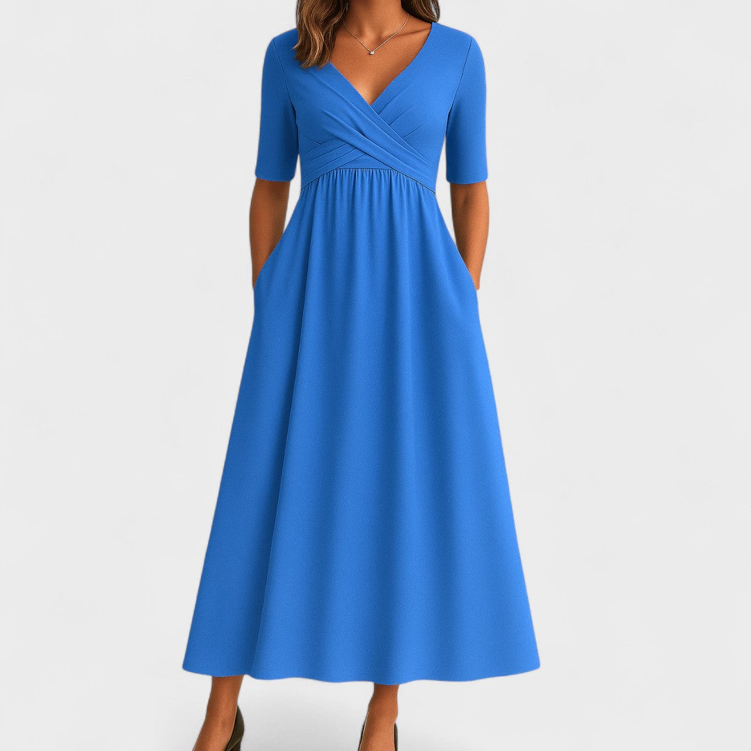 Women's Surplice V-Neck Midi Dress – Pleated Bodice, Elbow Sleeve, Elegant