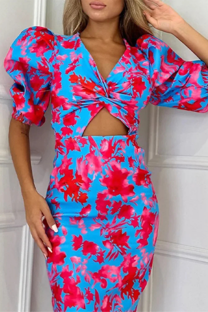 Women Printed Puff Sleeve Occasion Summer Midi Dress