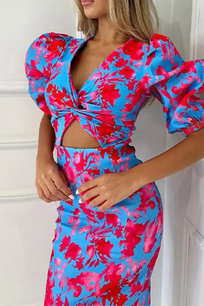 Women Printed Puff Sleeve Occasion Summer Midi Dress