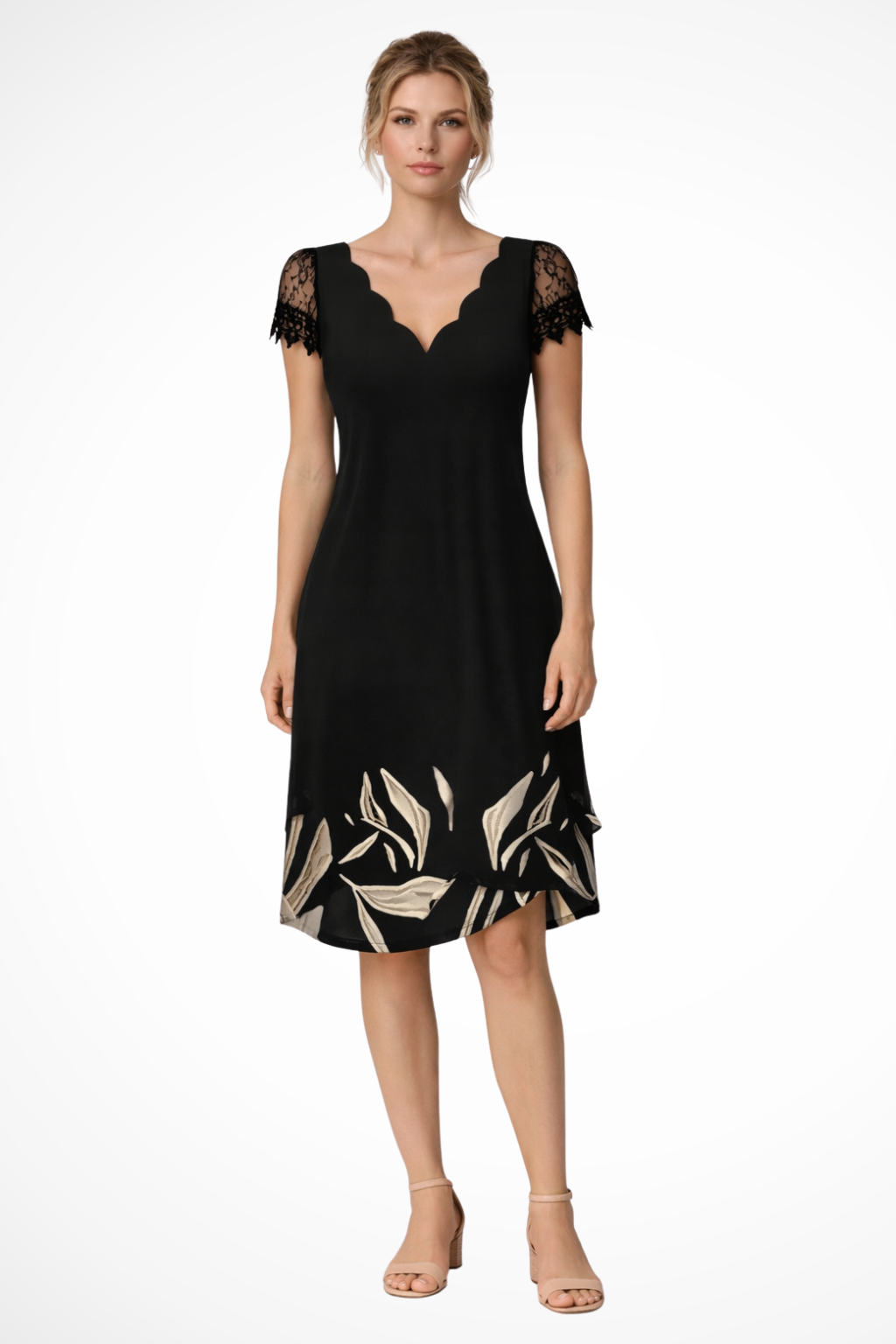 Women Lace Sleeve Midi Wedding Guest Dress