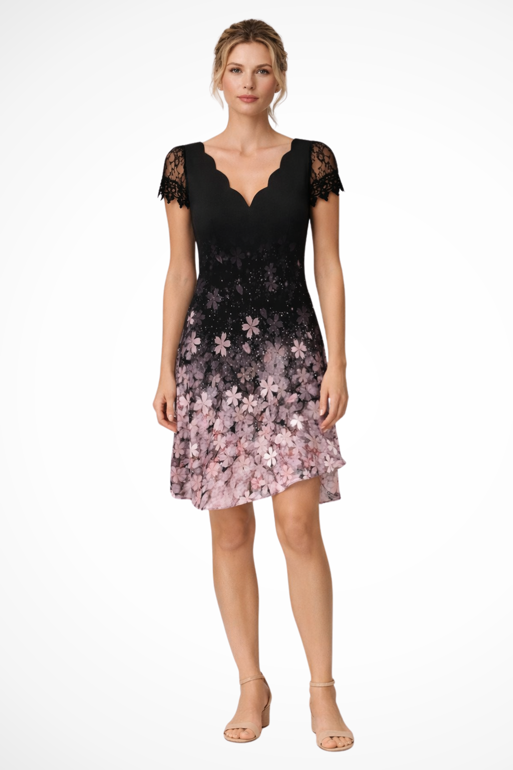 Women Lace Sleeve Midi Wedding Guest Dress