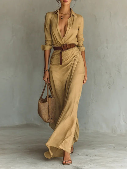 Women's Lapel Wrap Maxi Dress – Belted Waist, Long Sleeve, Elegant Style